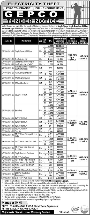 GEPCO Gujranwala Tender Notice